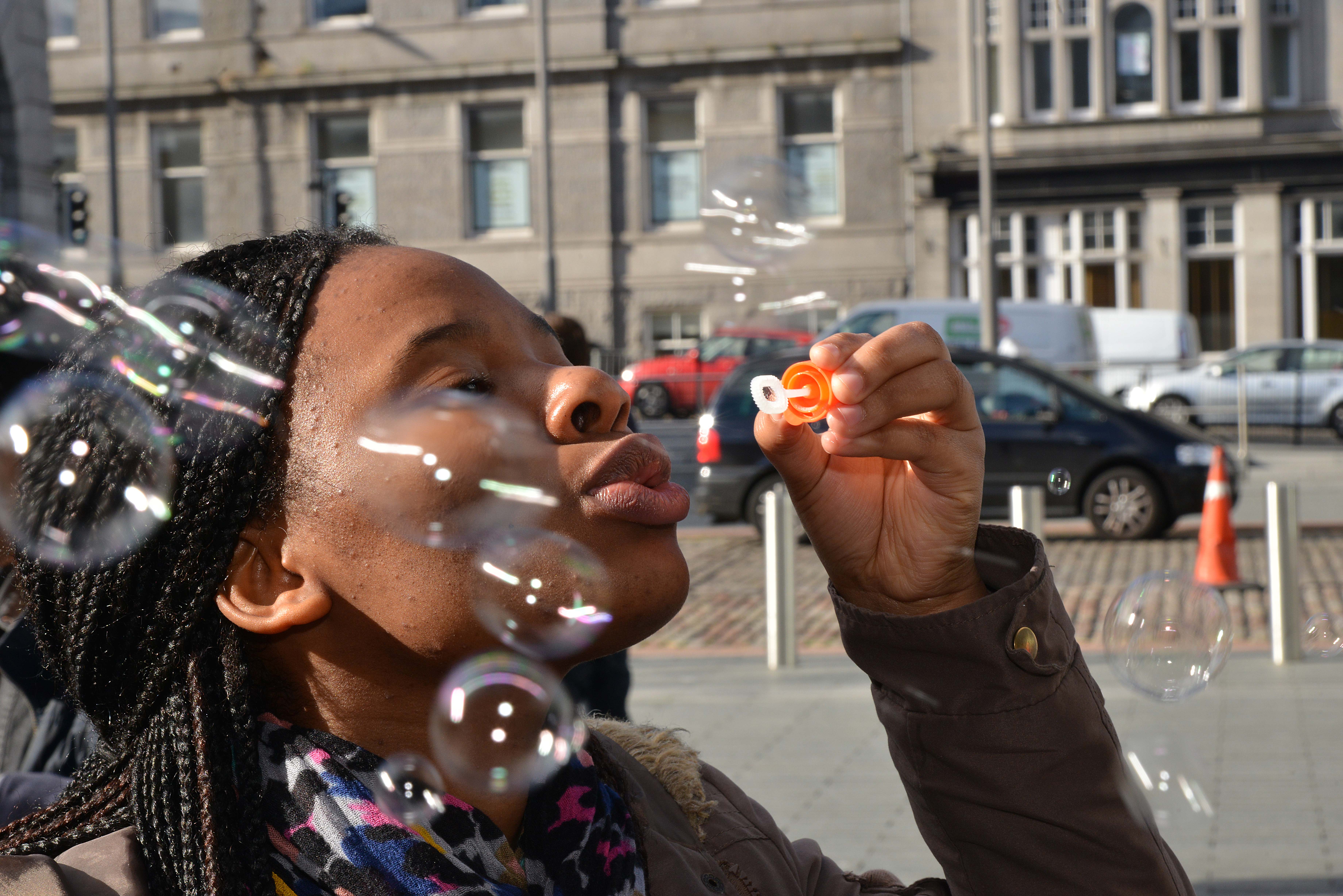 Bubble Mob – this was an intervention in an area used by smokers. The intervention combined performance art and science to engage with people about their lungs, health and the use of public spaces