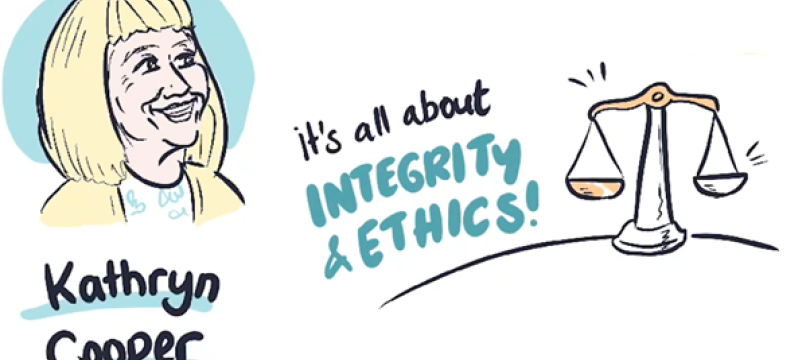 Illustration of Kathryn with a quote saying: "It's all about integrity and ethics"