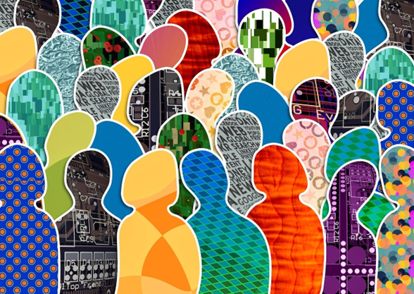 Silhouettes of people filled with colourful and patterned images