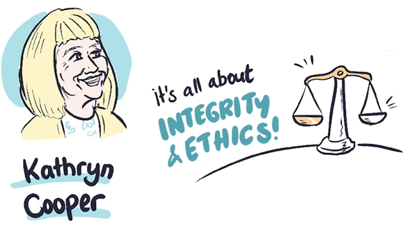 Illustration of Kathryn with a quote saying: "It's all about integrity and ethics"