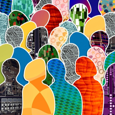 Silhouettes of people filled with colourful and patterned images