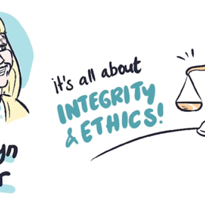 Illustration of Kathryn with a quote saying: "It's all about integrity and ethics"