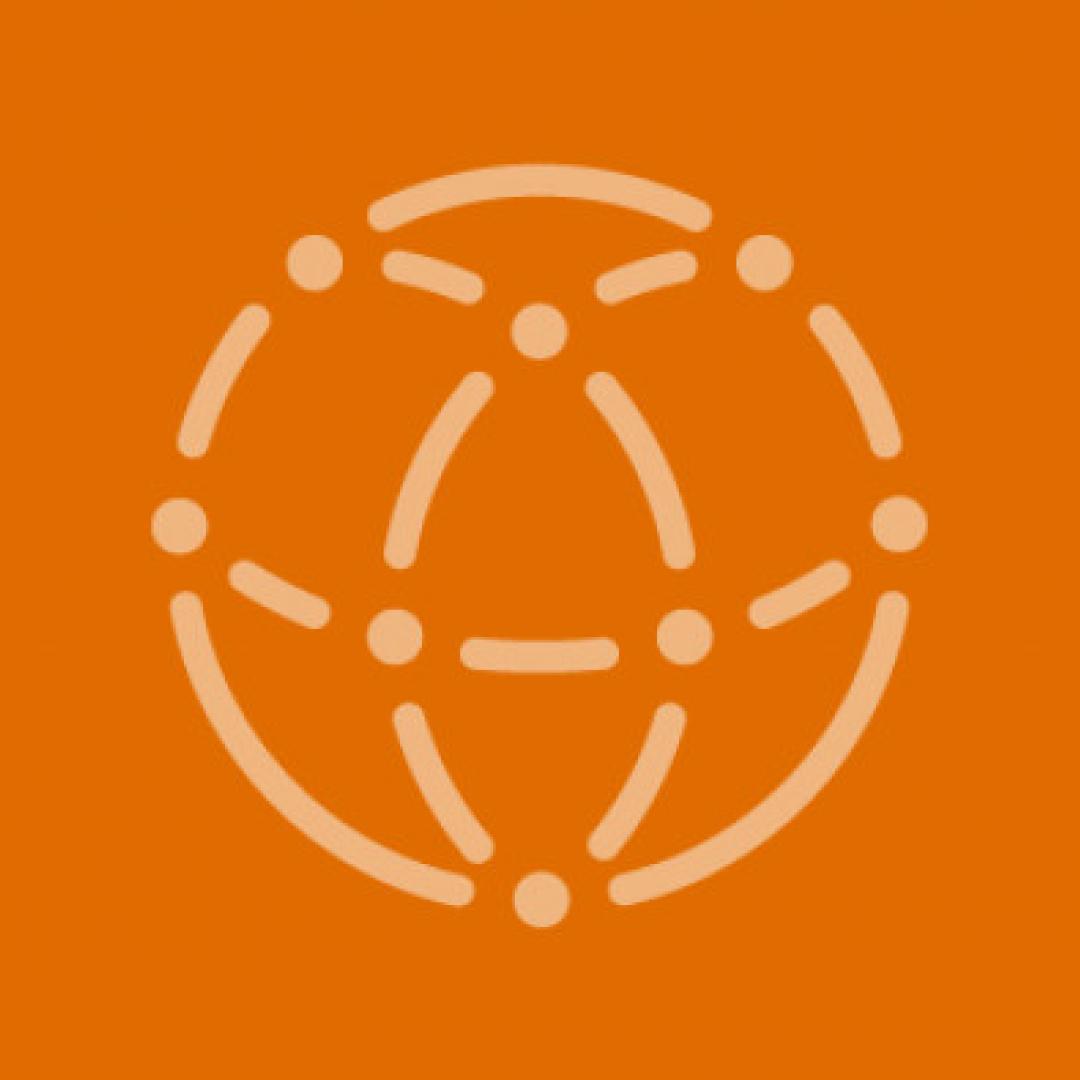 graphic of interconnecting dots and lines within a circle on orange background